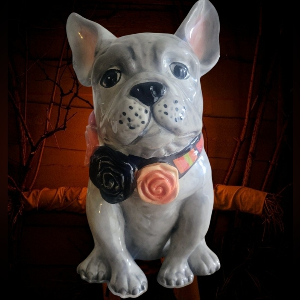 French Bulldog Ceramic Blue Sky Black & Orange Collar Halloween Approx 8" H X 4"